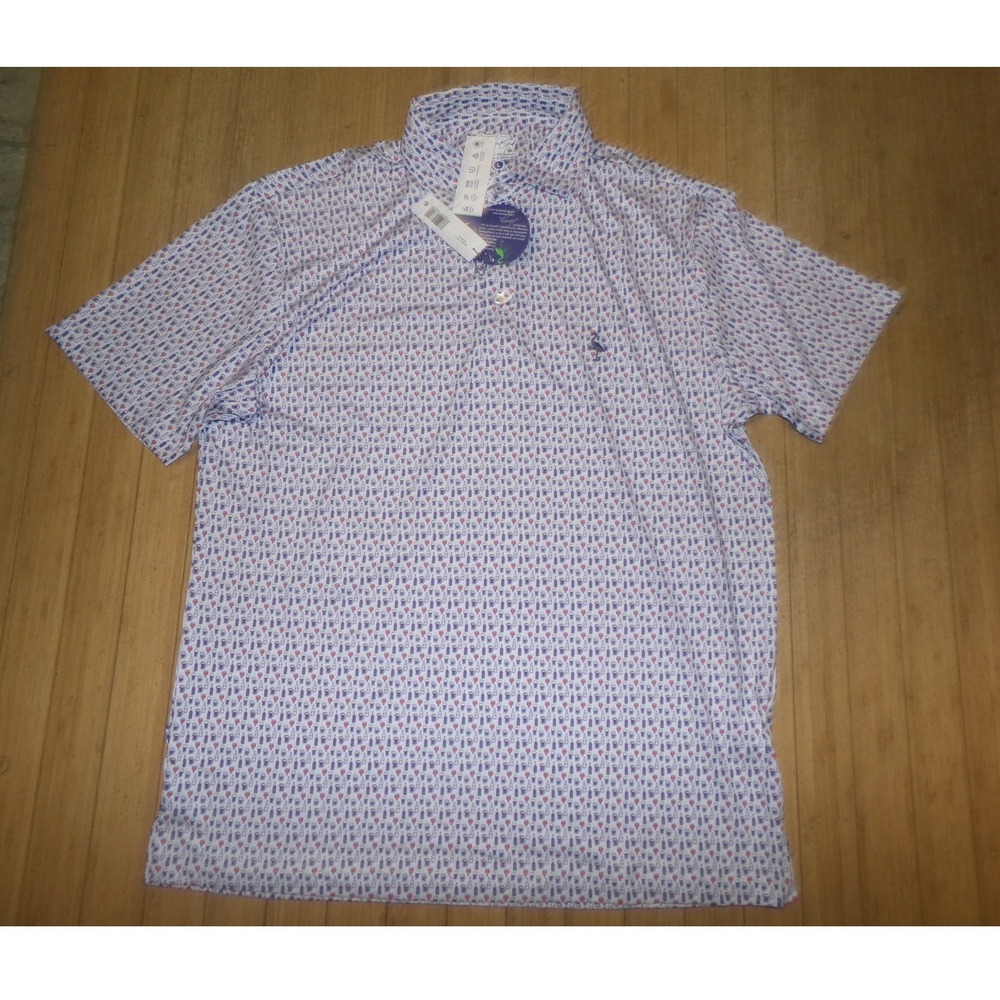 TailorByrd Mens Large Beer Print Performance Polo Shirt Blue Red UPF 30 New